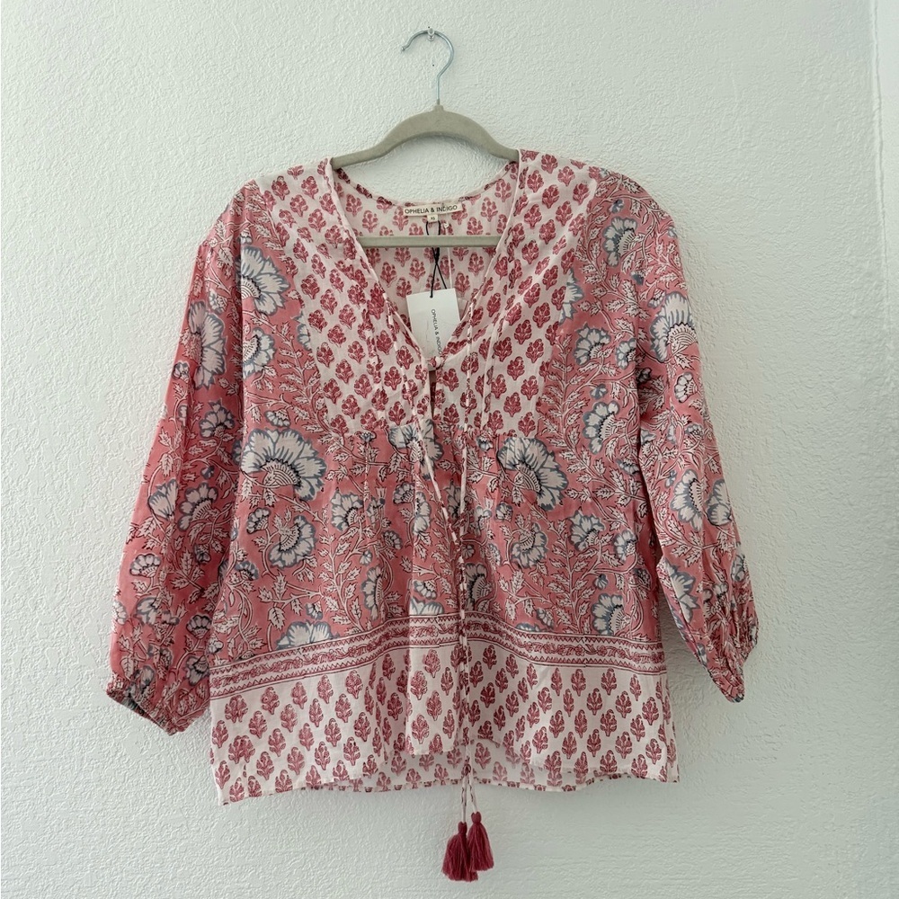Boho Tassel Tie Floral Peasant Blouse - Pink